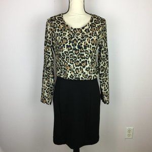 Banana Republic Sheath Dress Size 6P Womans Petite Leopard Long Sleeve Black Tan